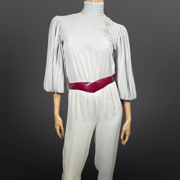 Vintage 80s Farouche Gray Chiffon belted Jumpsuit Size S Balloon Sleeves - Picture 3 of 16